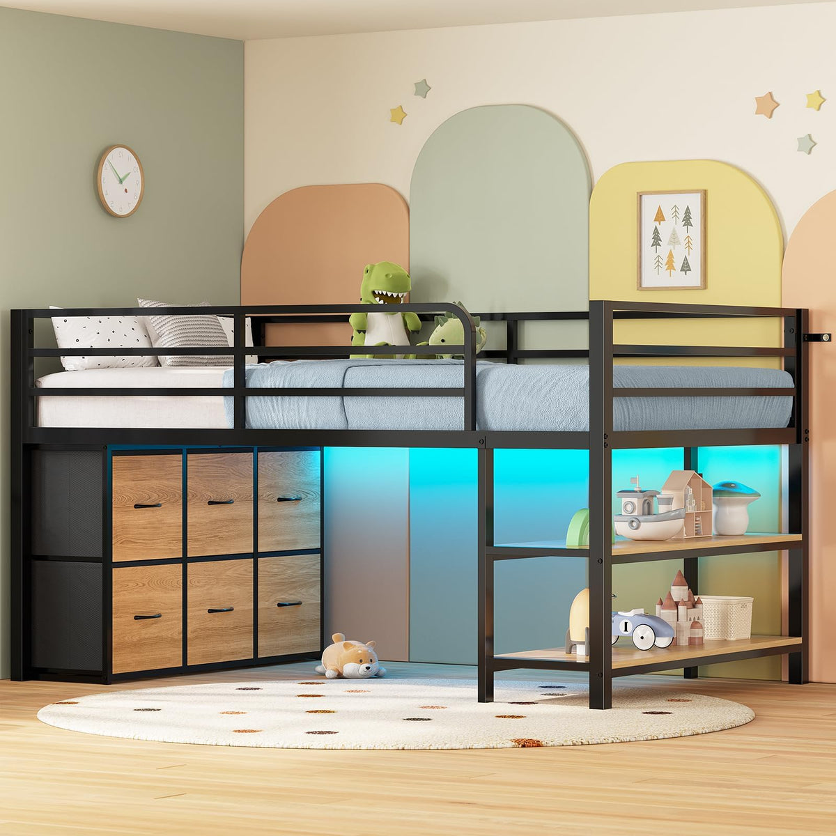 Twin Size Low Loft Bed with 6 Storage Drawers P1398
