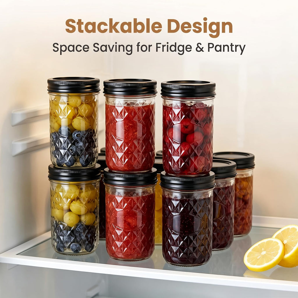12 oz Mason Jars 12 Pack Regular Mouth Canning Jars with Black Lids G676052