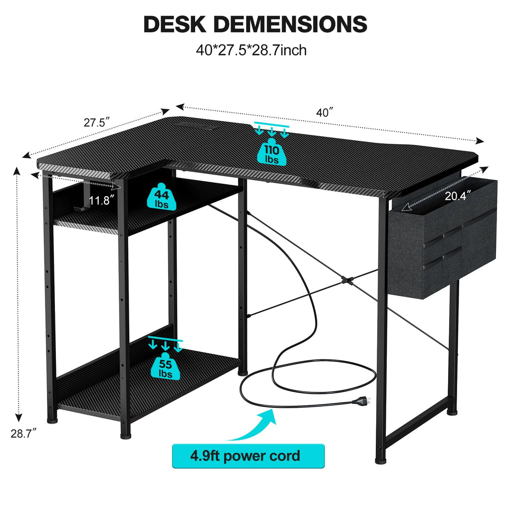 L Shaped Gaming Desk 40 Inch Black Carbon B50596