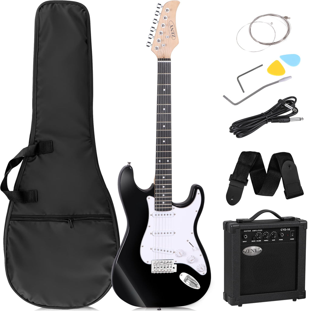 39in Full Size Electric Guitar with 10W Amp, Case and Accessories Pack, Black D205340