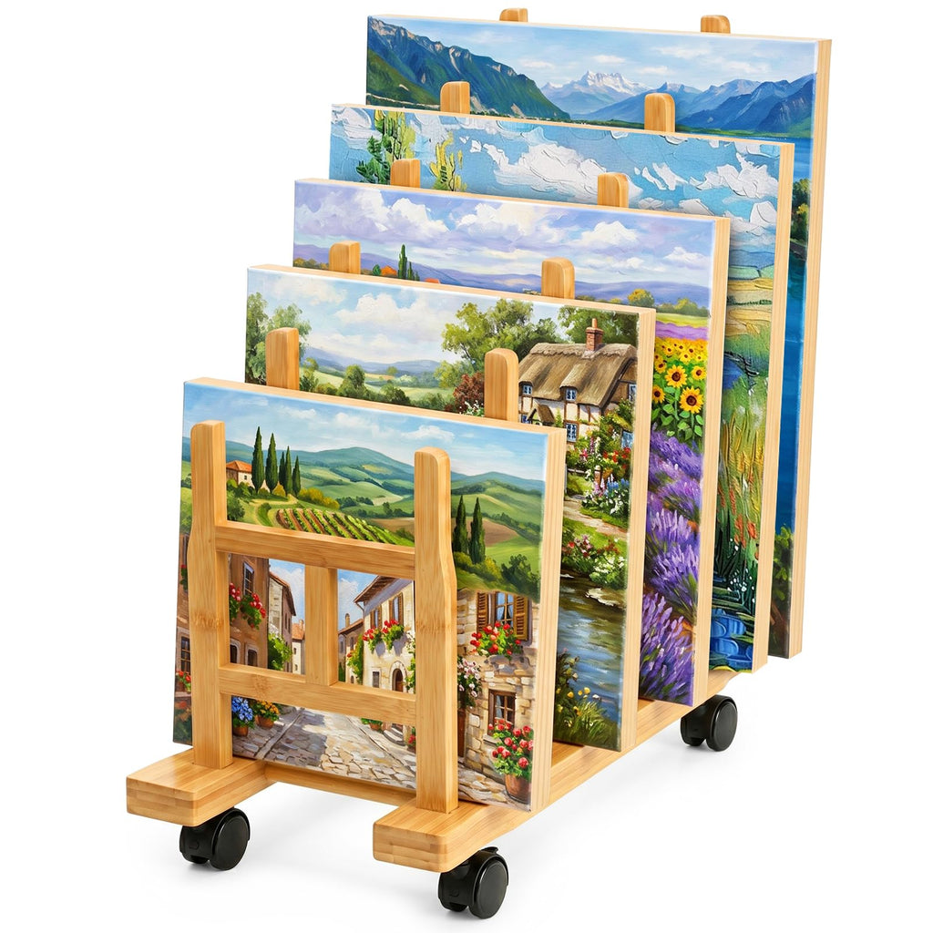 5 Slots Adjustable Bamboo Art Storage Drying Rack with Caster Wheel C122
