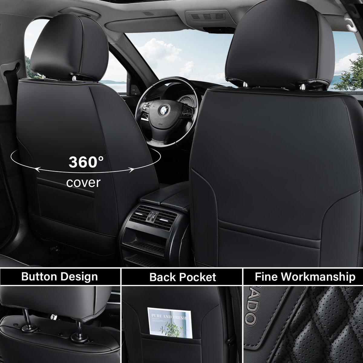 Black 5 Seats Nappa Leather Car Seat Covers Full Set N513