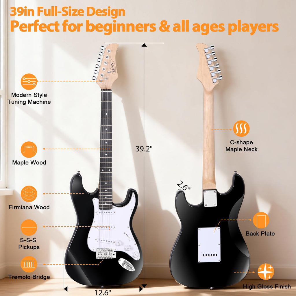 39in Full Size Electric Guitar with 10W Amp, Case and Accessories Pack, Black D205340
