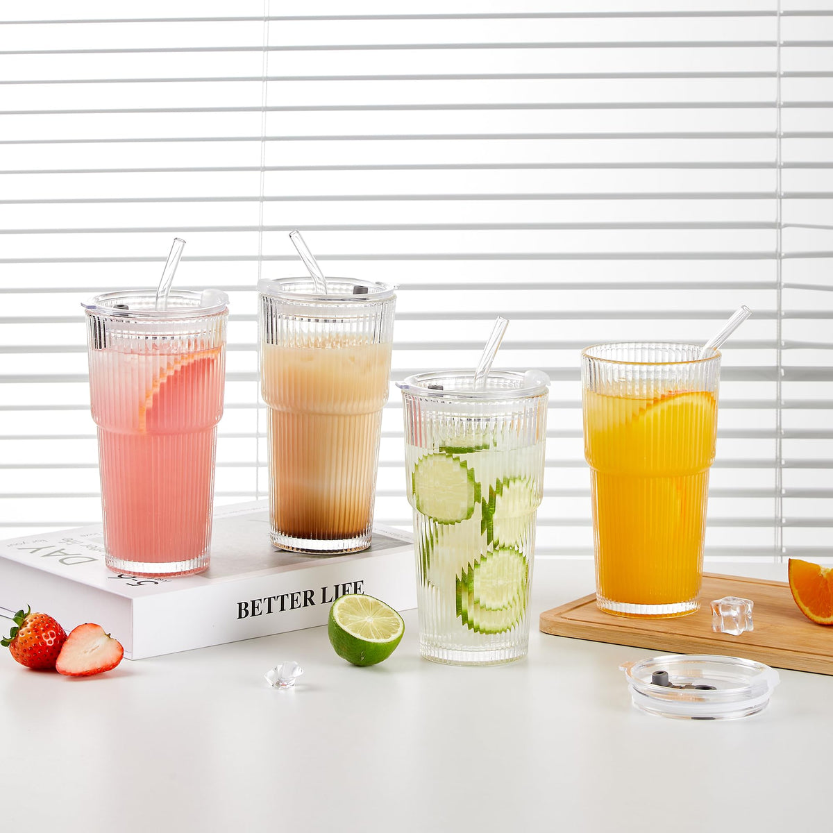 20oz Ribbed Glass Cups with Lids and Straws, Set of 4 H98867