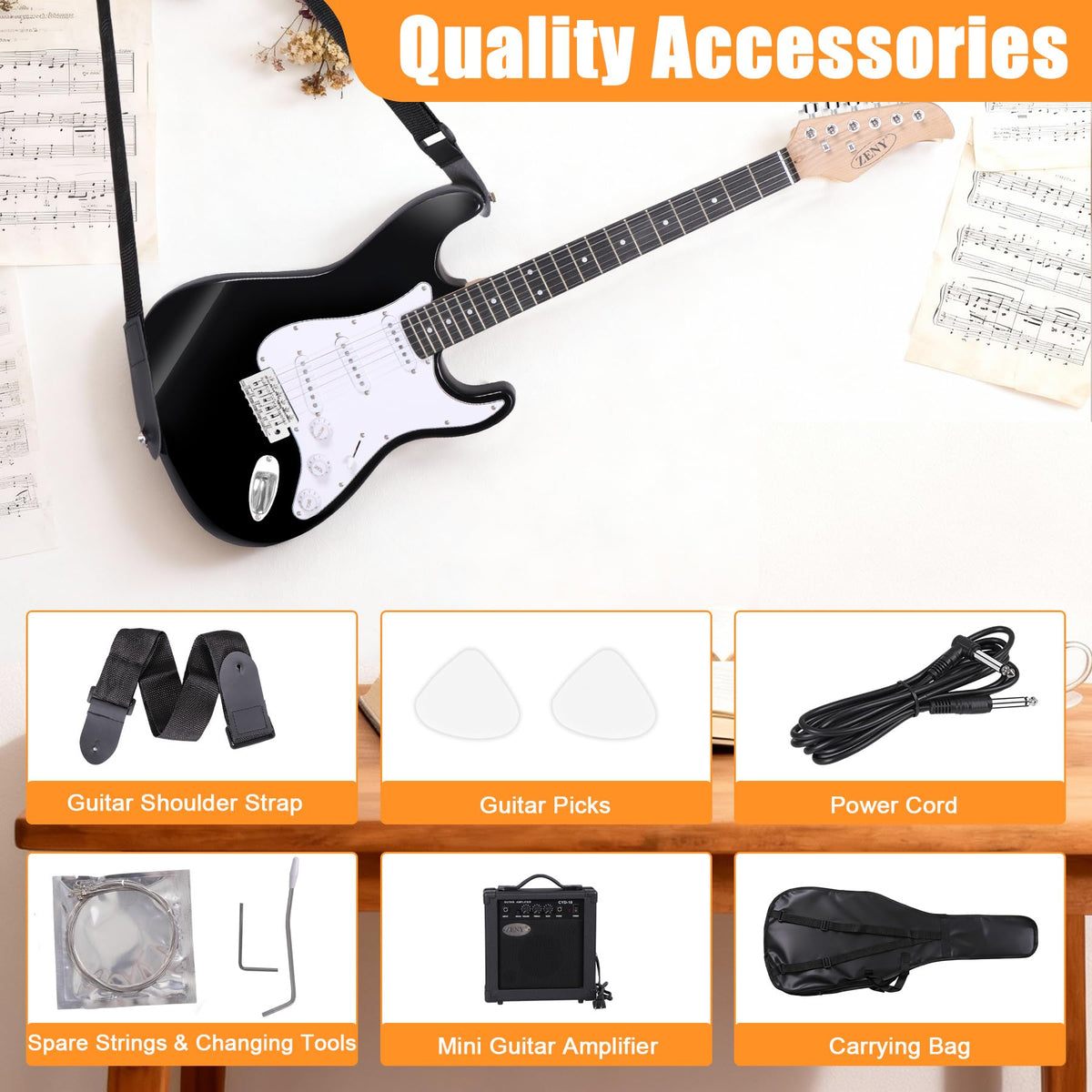 39in Full Size Electric Guitar with 10W Amp, Case and Accessories Pack, Black D205340