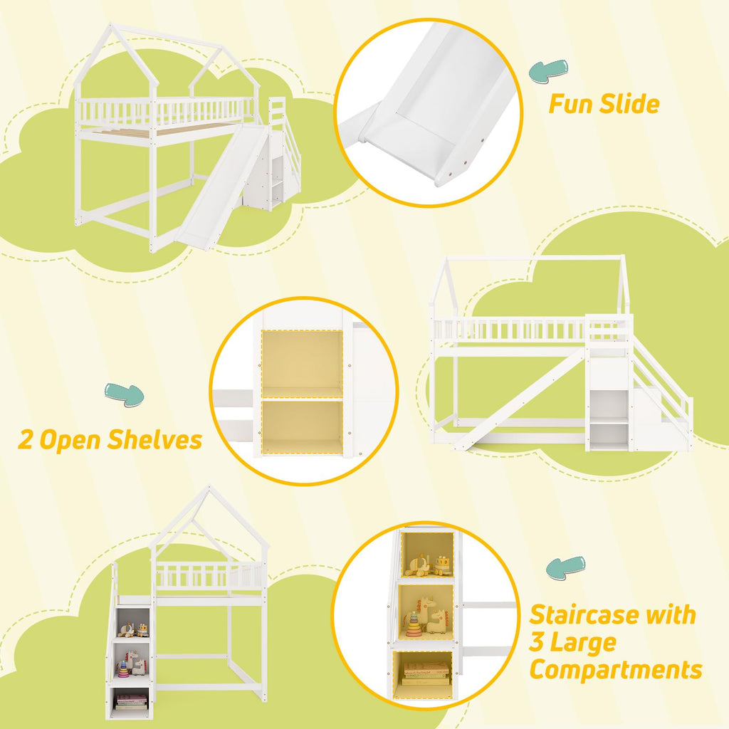 White Twin Over Twin Wood Bunk Bed with Slide and Stairs F3867