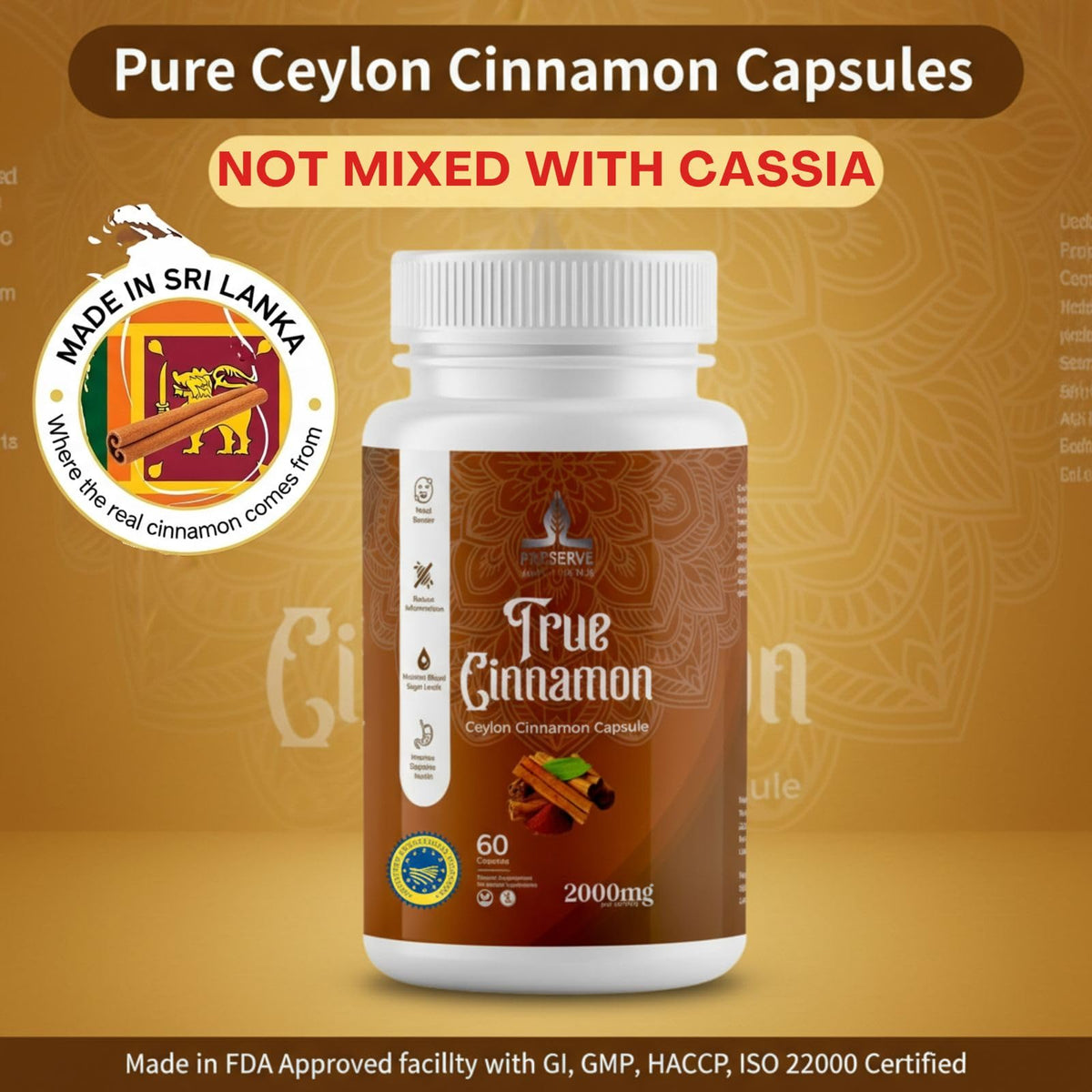 Pure Ceylon Cinnamon Capsules, 2,000mg, Non-GMO, Gluten-Free J87914