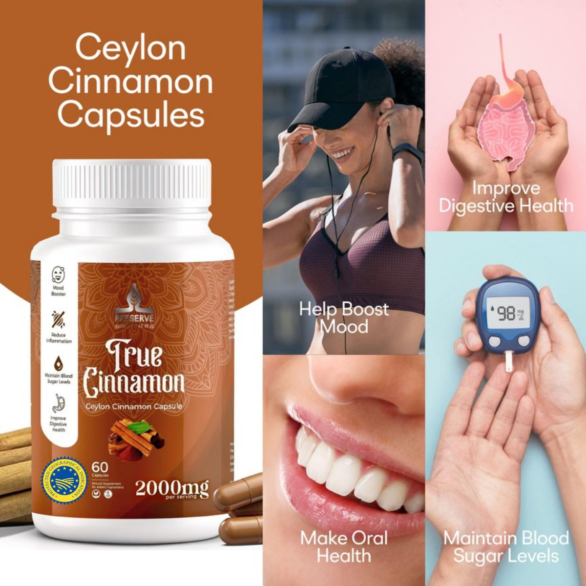 Pure Ceylon Cinnamon Capsules, 2,000mg, Non-GMO, Gluten-Free J87914