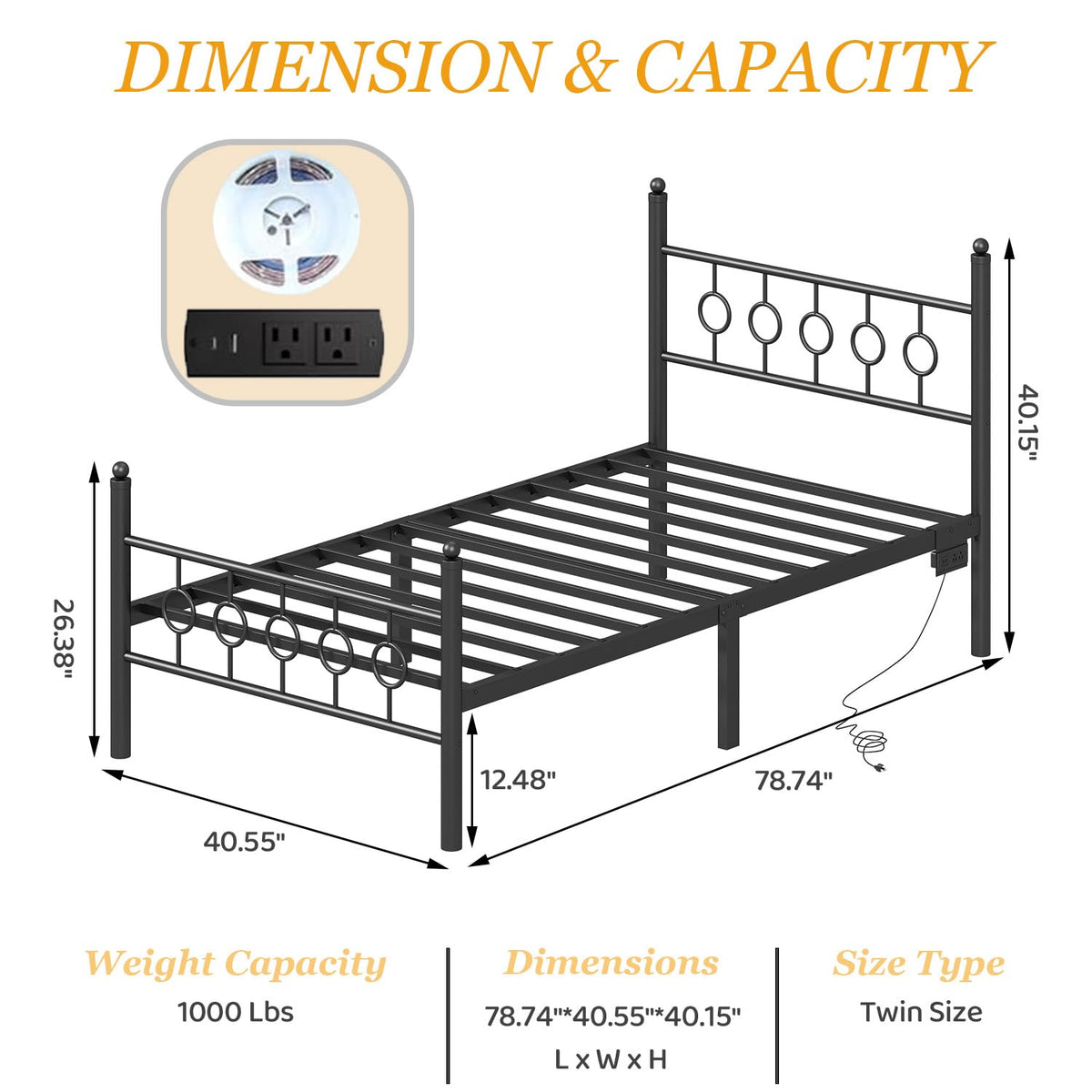 Black Twin Metal Platform Bed Frame with Headboard M1377