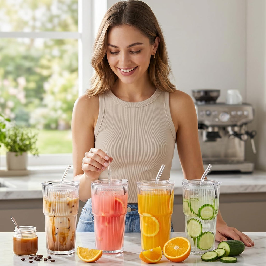 20oz Ribbed Glass Cups with Lids and Straws, Set of 4 H98867