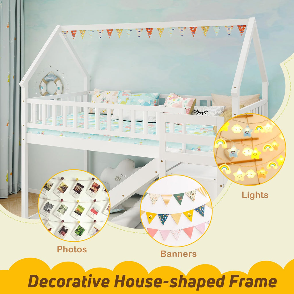 White Twin Over Twin Wood Bunk Bed with Slide and Stairs F3867
