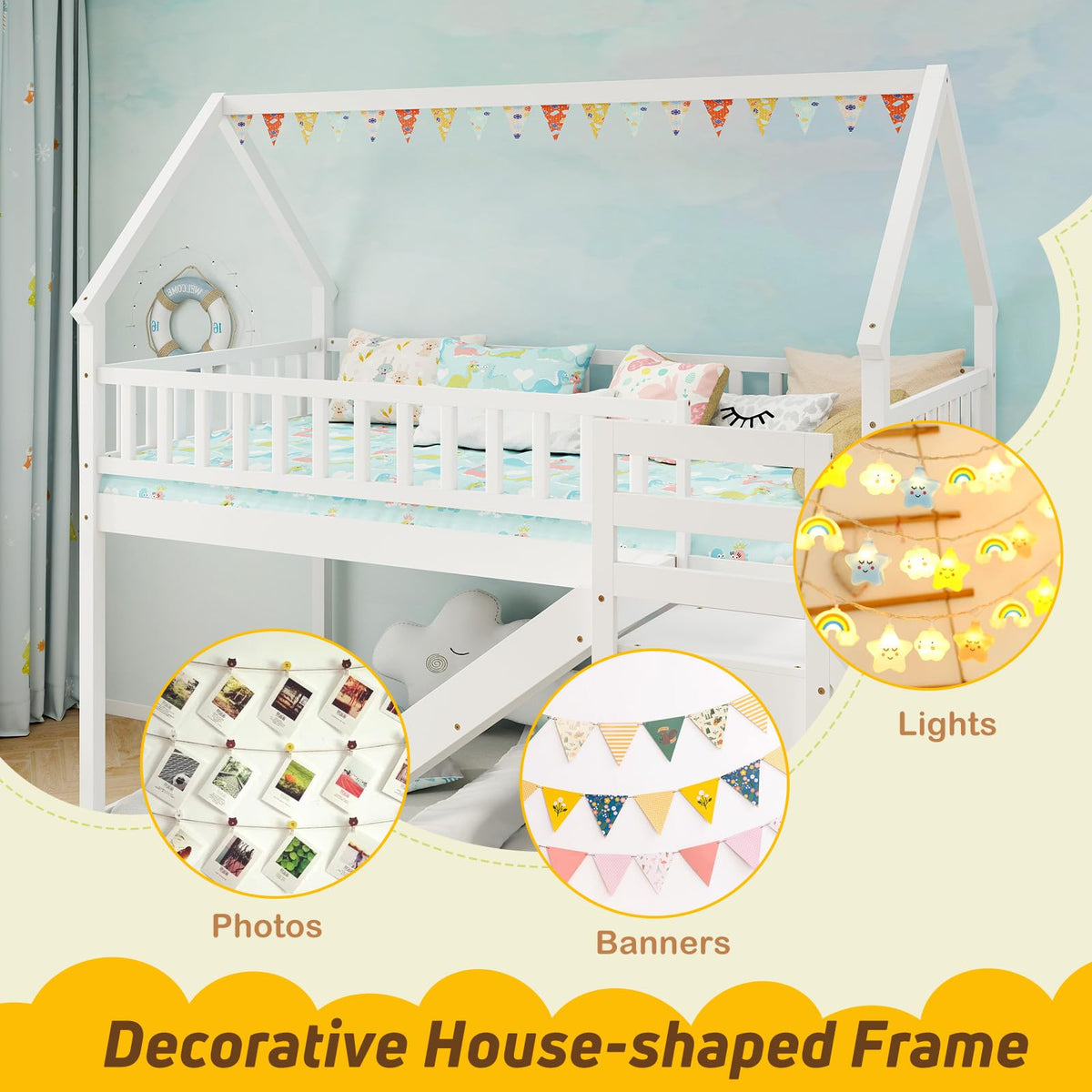White Twin Over Twin Wood Bunk Bed with Slide and Stairs F3867