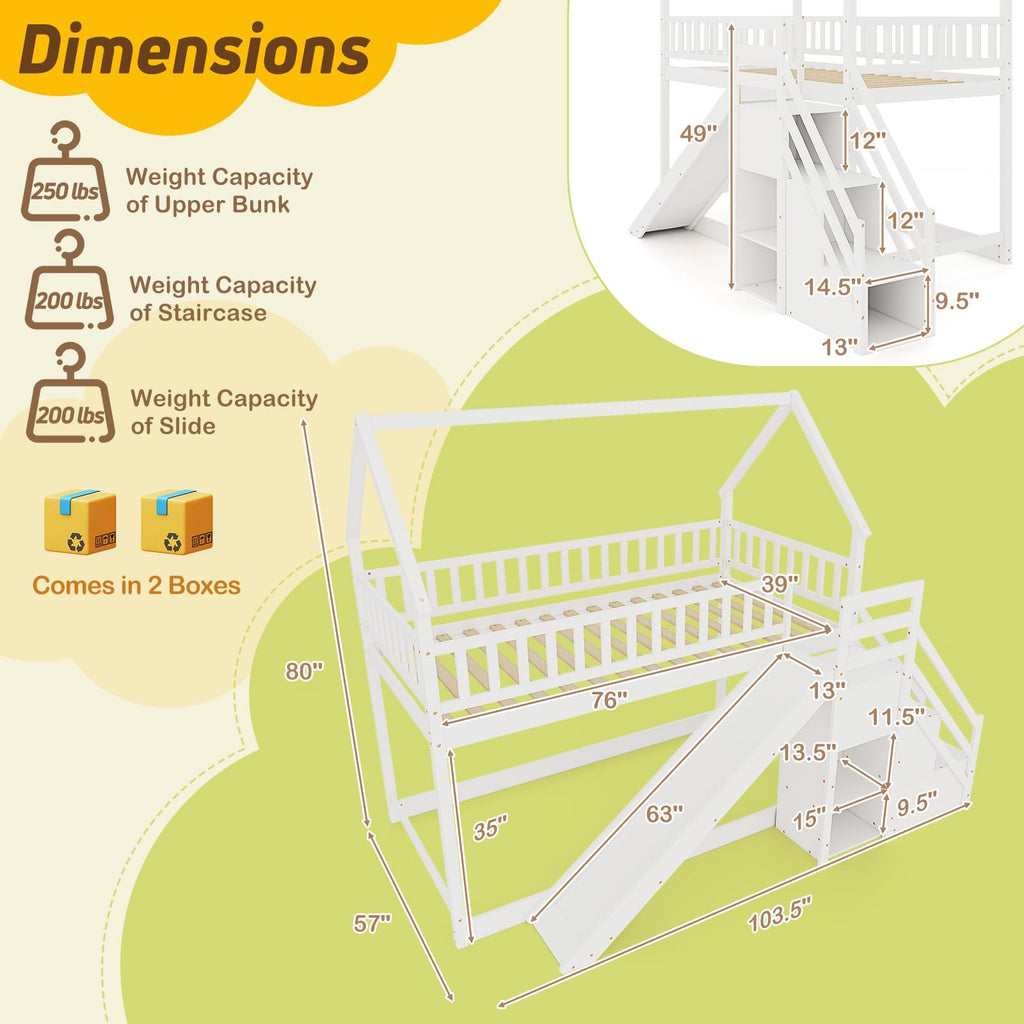 White Twin Over Twin Wood Bunk Bed with Slide and Stairs F3867