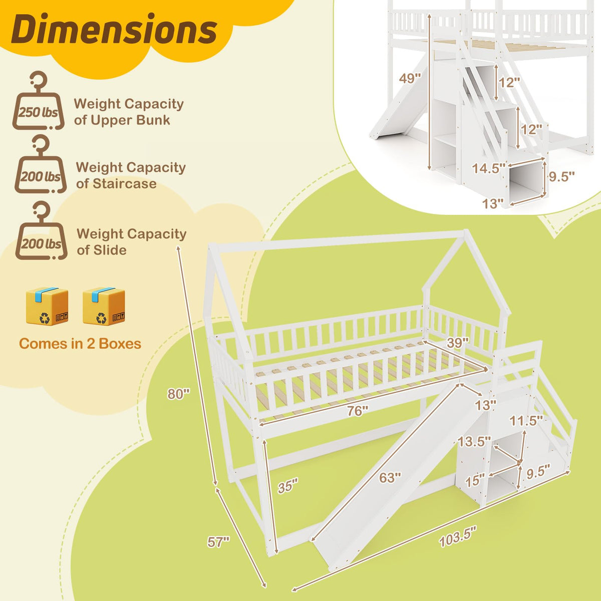 White Twin Over Twin Wood Bunk Bed with Slide and Stairs F3867