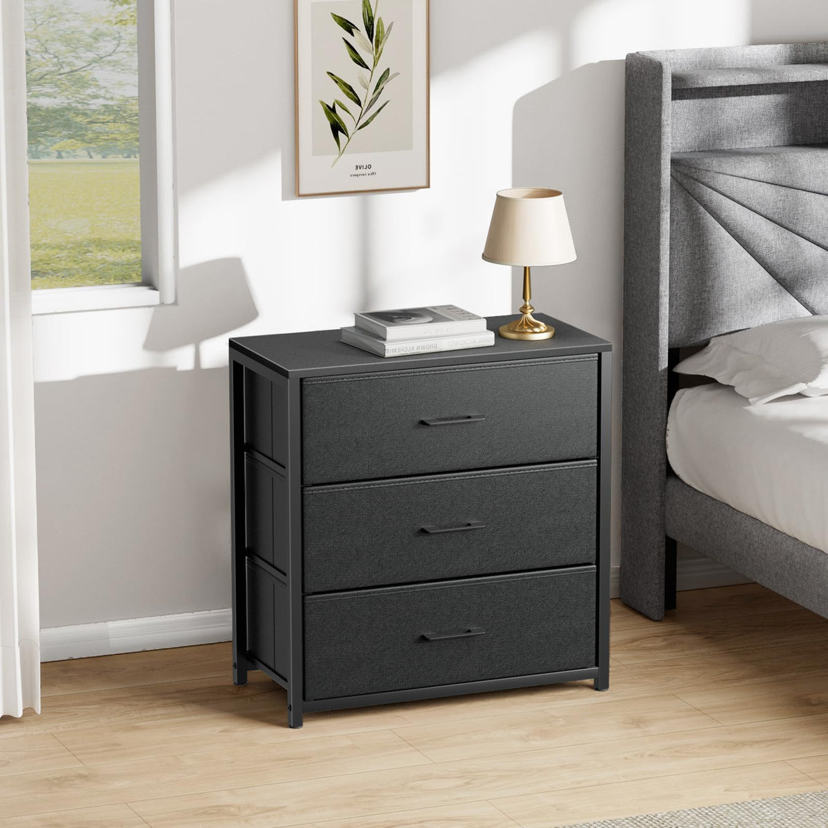 Black 3 Fabric Drawer Nightstand T77524