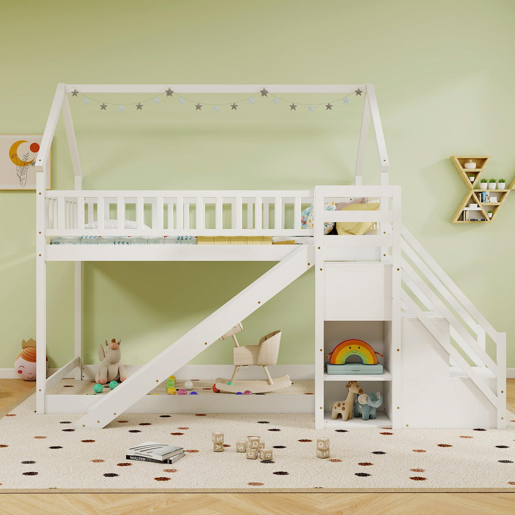 White Twin Over Twin Wood Bunk Bed with Slide and Stairs F3867