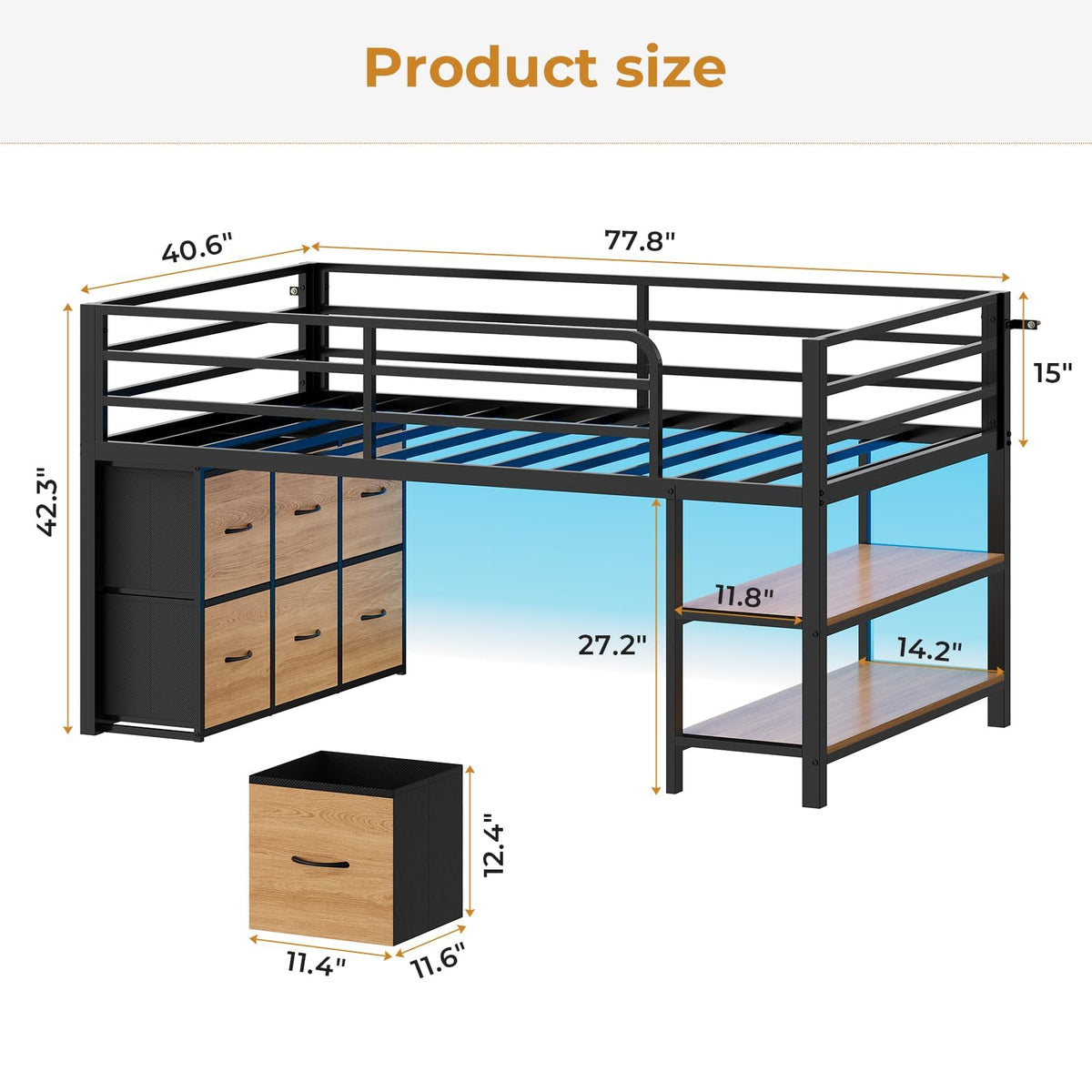 Twin Size Low Loft Bed with 6 Storage Drawers P1398