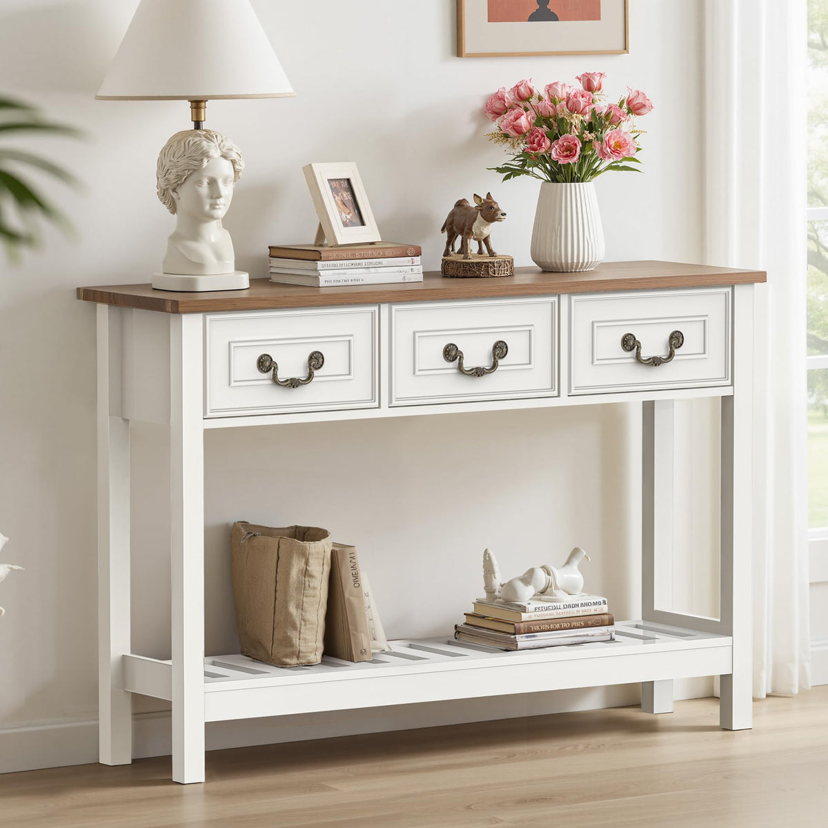 Black Oak Sofa Table with 3 Drawers E734