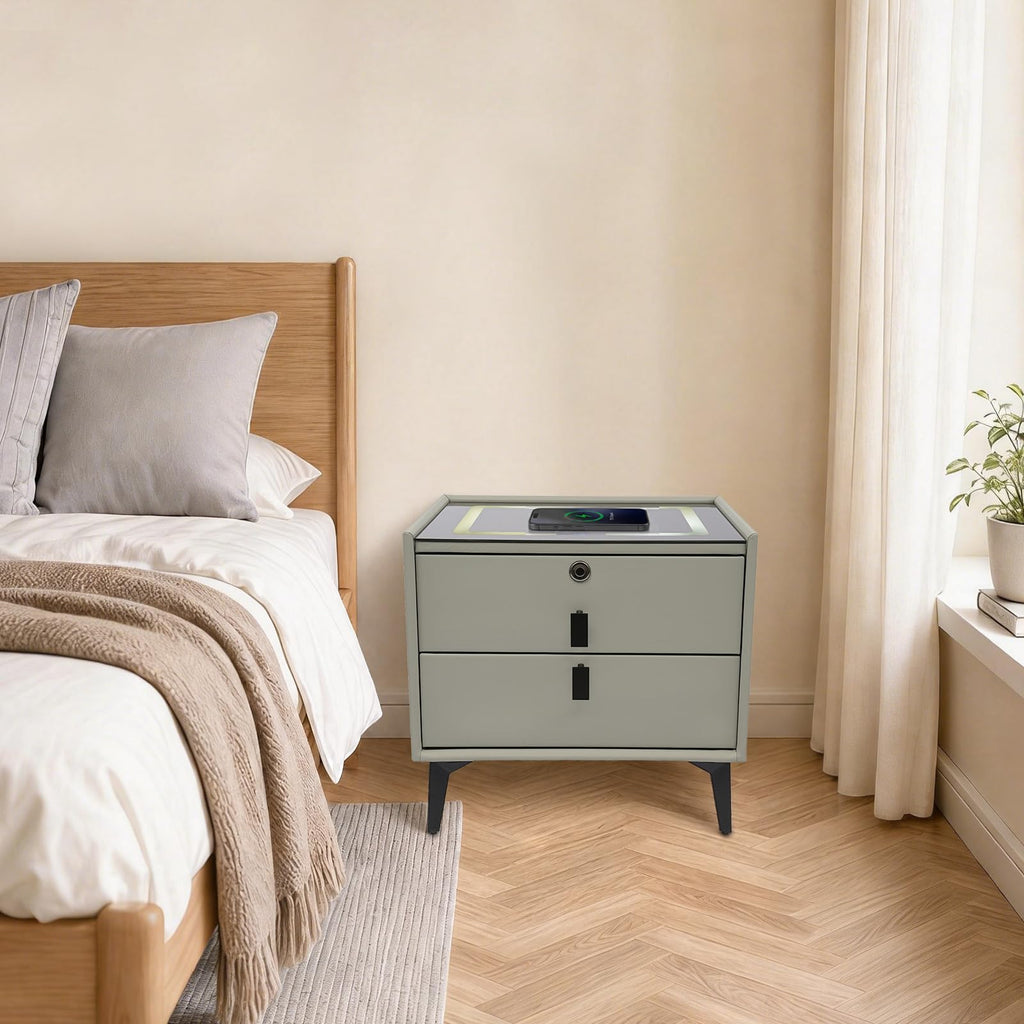 Light Gray Solid Wood Nightstand with Charging Station and 2 Drawers H636161