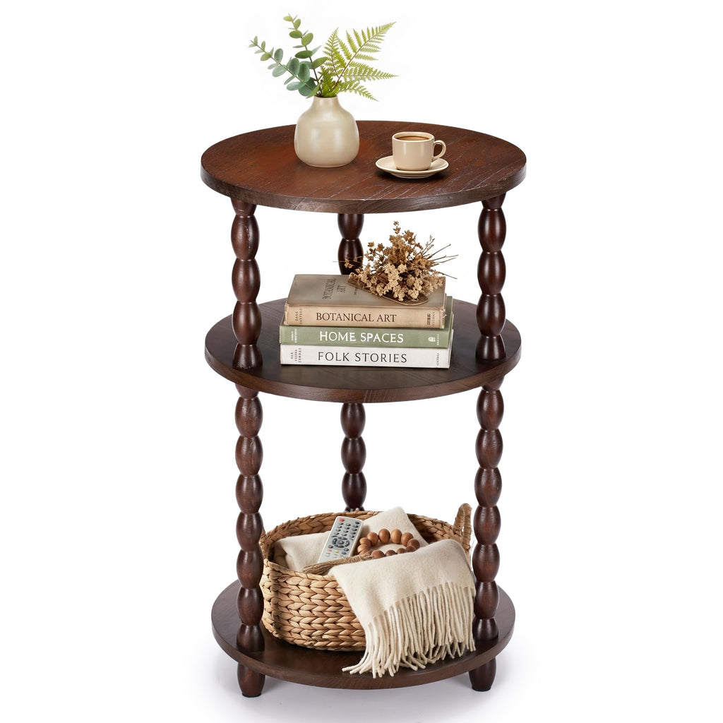 Small Round 3-Tier Solid Wood Side Table with Storage Shelf Q89150