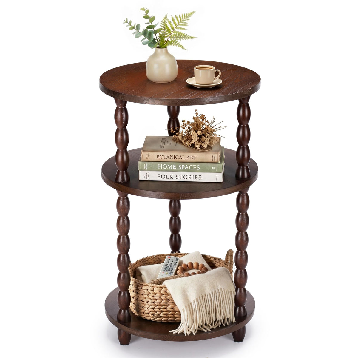 Small Round 3-Tier Solid Wood Side Table with Storage Shelf Q89150