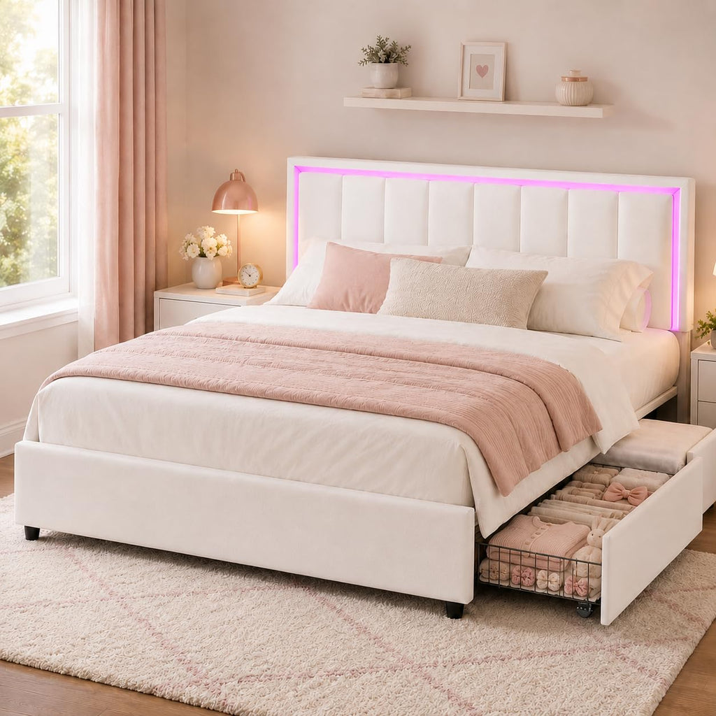 White Faux Leather Upholstered Platform Bed Frame with Headboard and 4 Storage Drawers C38666