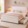 White Faux Leather Upholstered Platform Bed Frame with Headboard and 4 Storage Drawers C38666