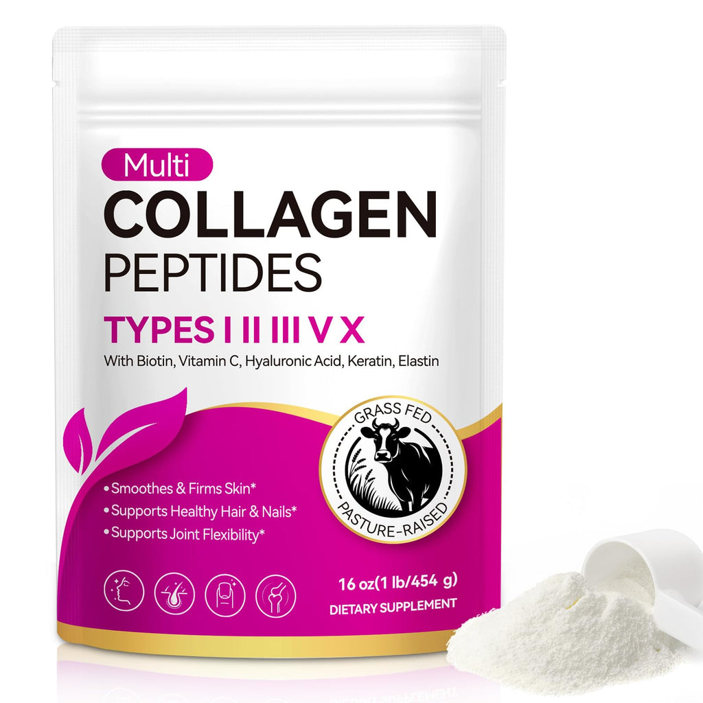 Multi Collagen Peptides Powder Types I II III V X 16 Oz Hydrolyzed with Biotin Unflavored E690