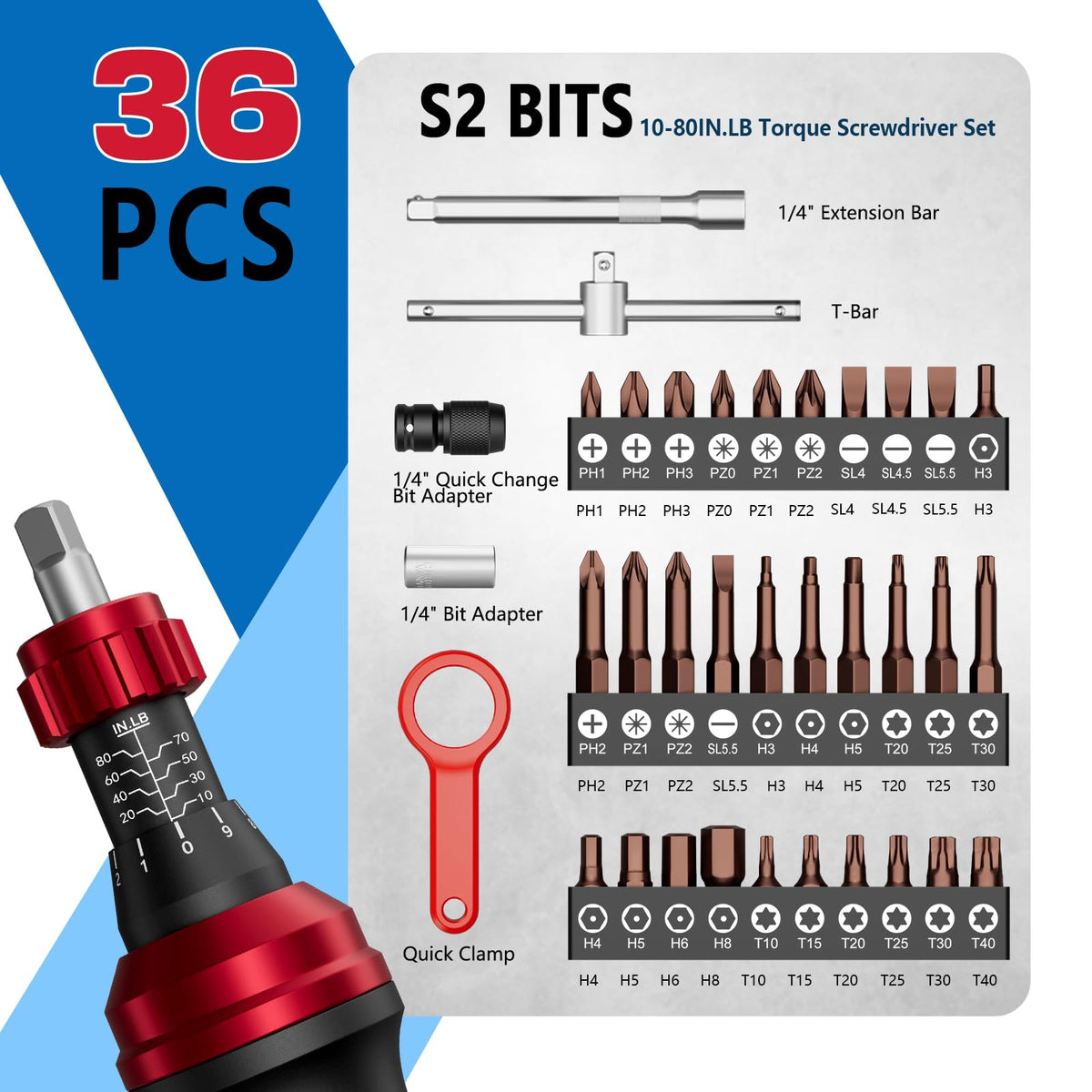 1/4" 10-80In.lb Torque Wrench Screwdriver 36 PCS Set F418191