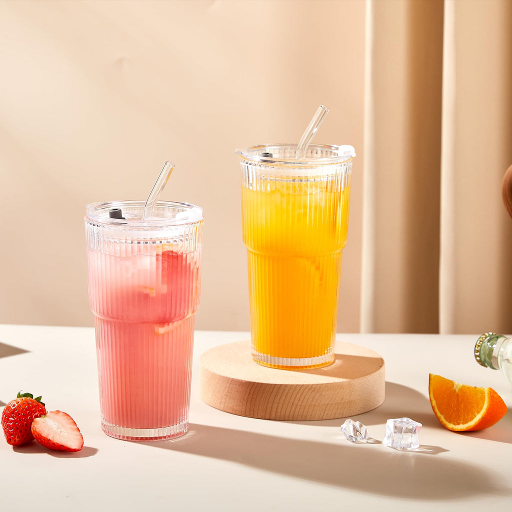 20oz Ribbed Glass Cups with Lids and Straws, Set of 4 H98867