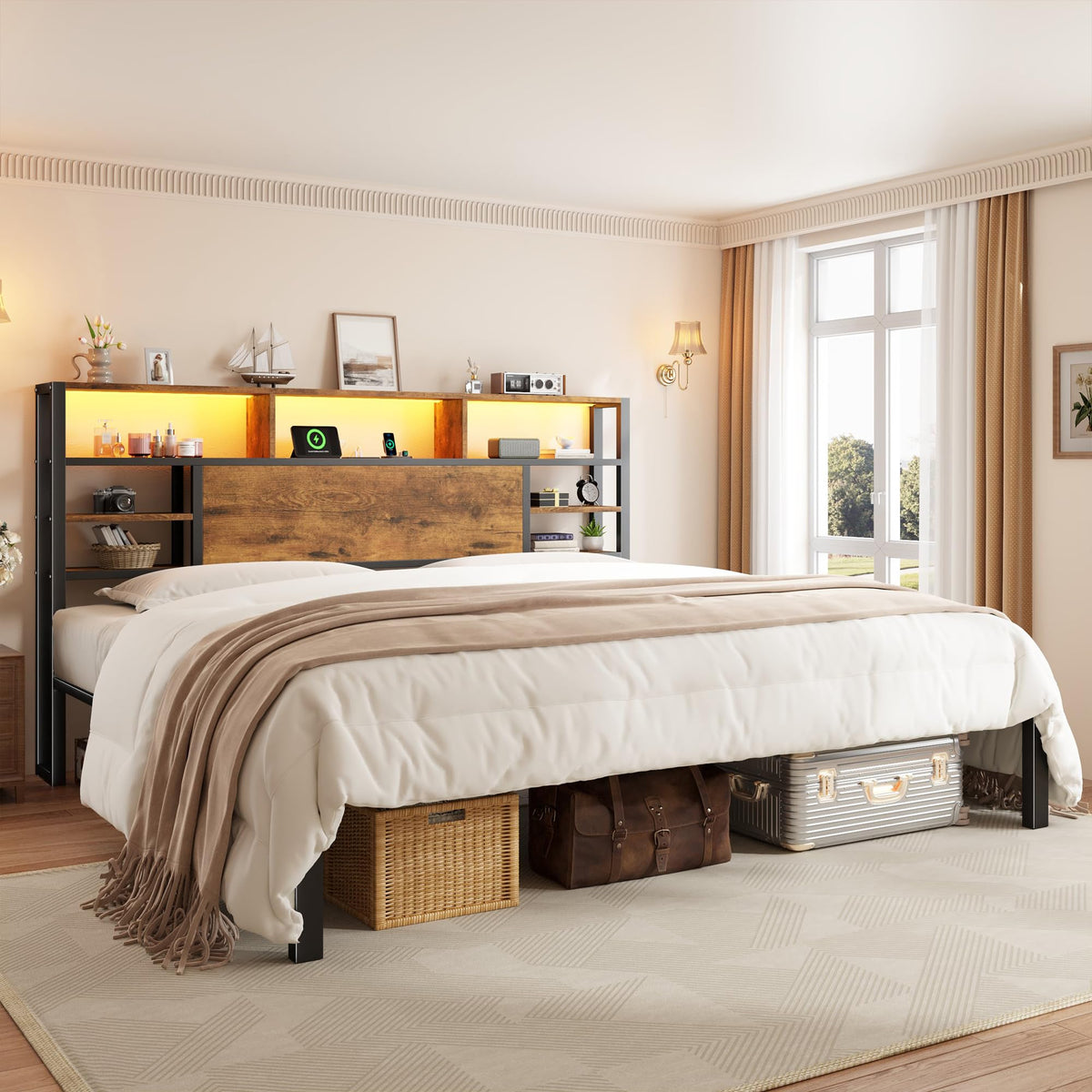 King Bed Frame with Storage Headboard and Charging Station G795
