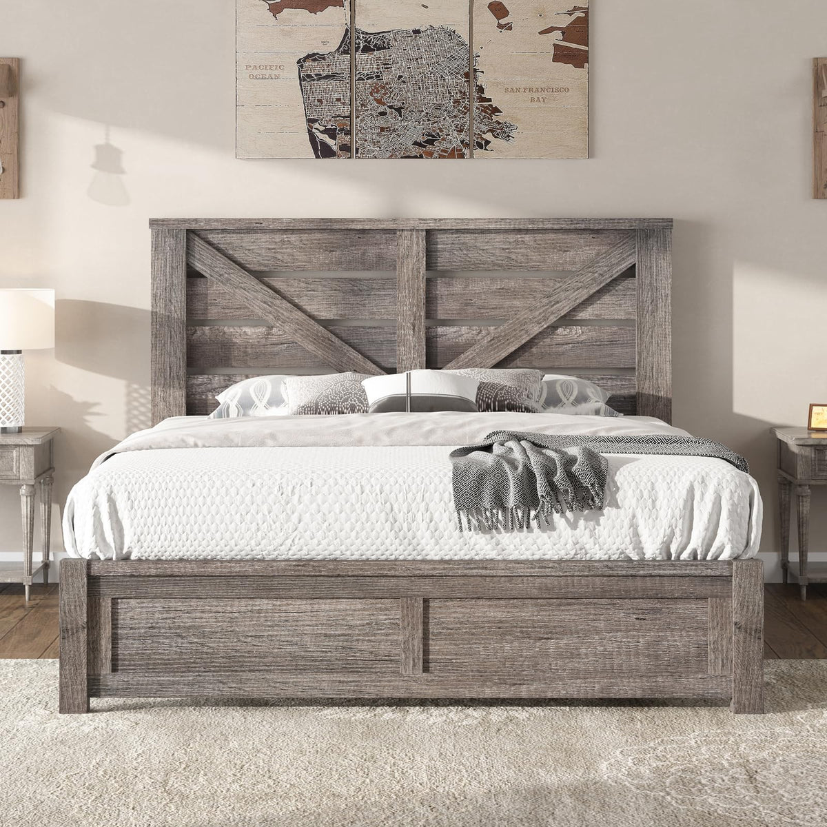 Gray Full Size Bed Frame with Barn Door Headboard W21530