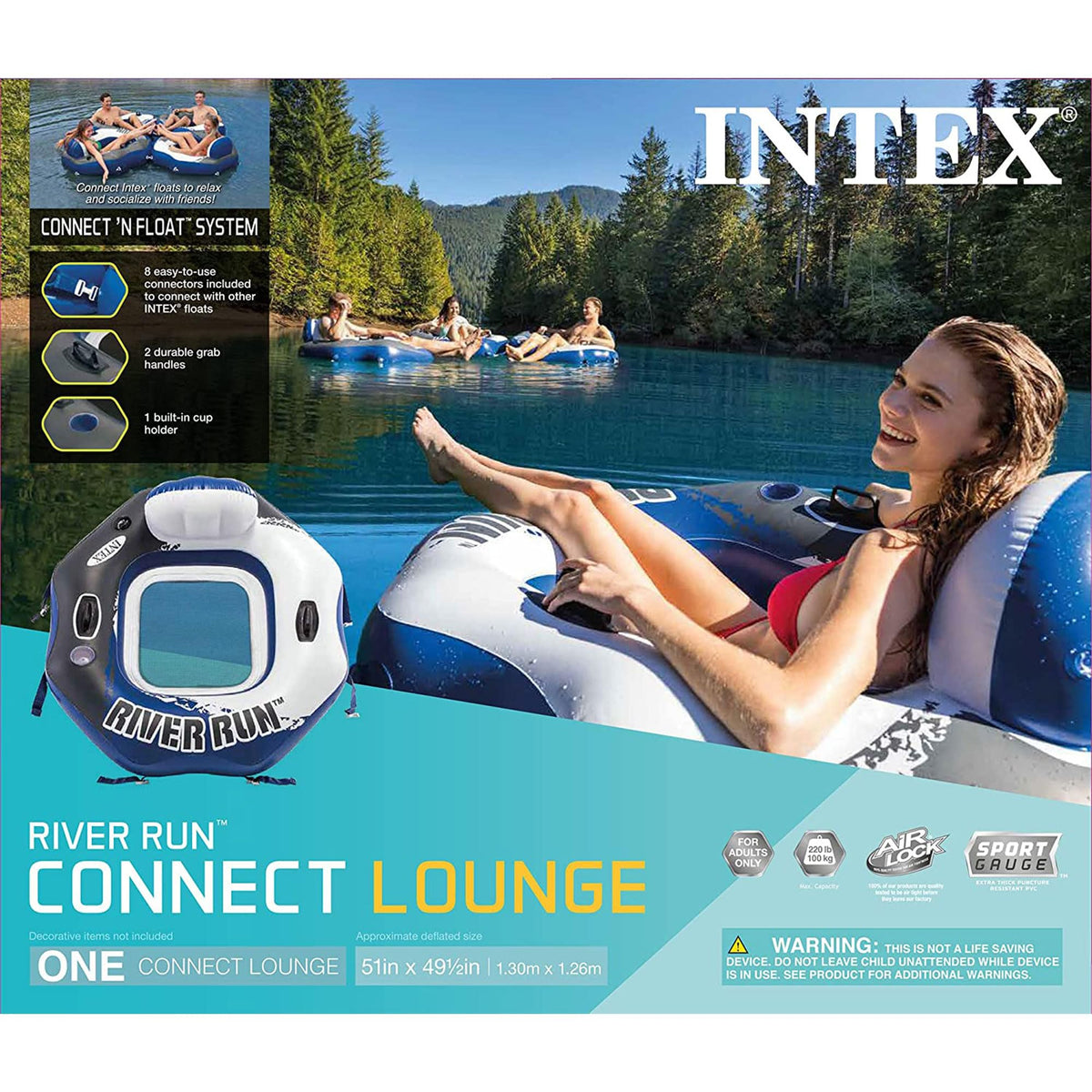 Single Person Inflatable Lounge Tube Chair with Mesh Bottom, Backrest, and Built in Cupholders I804028