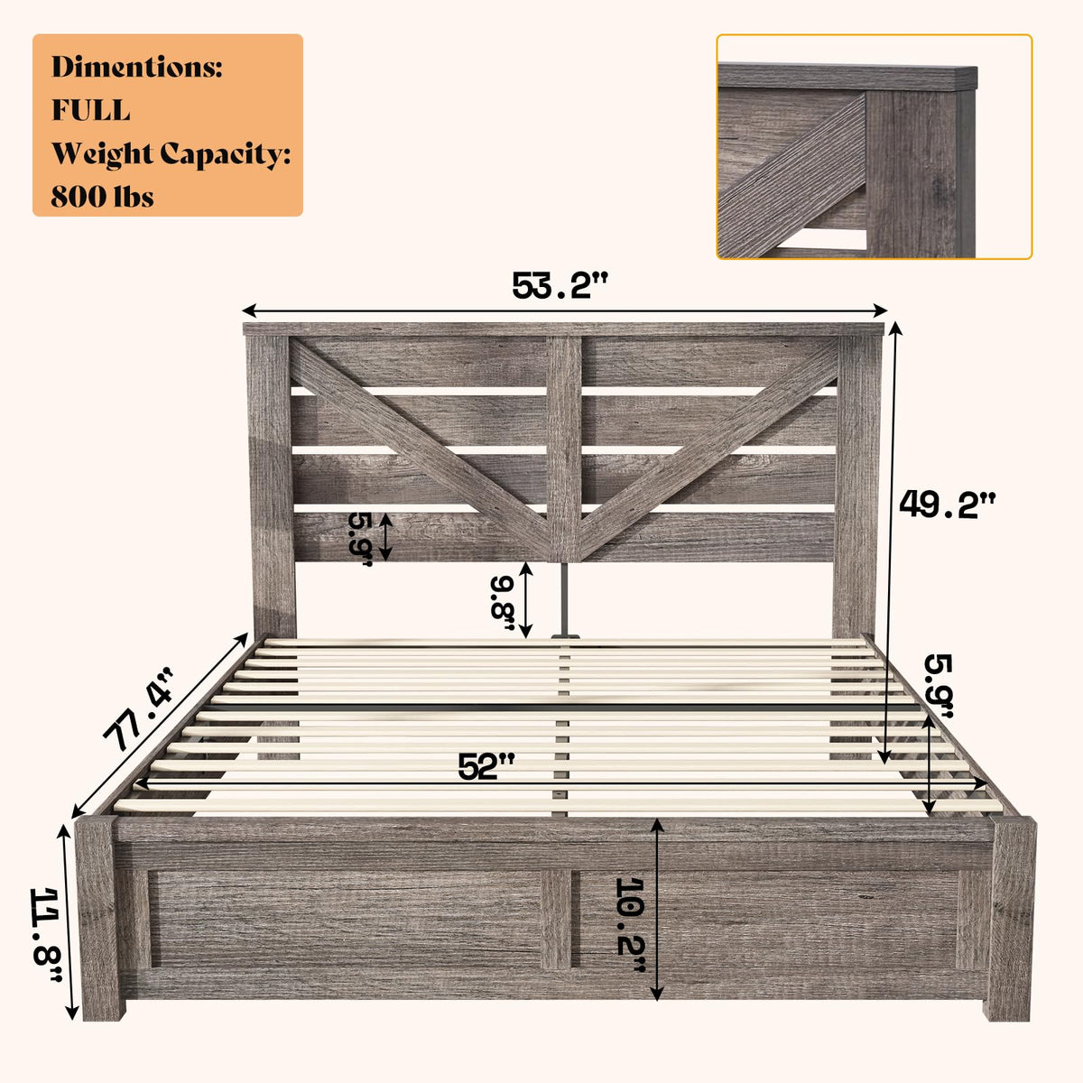 Gray Full Size Bed Frame with Barn Door Headboard W21530