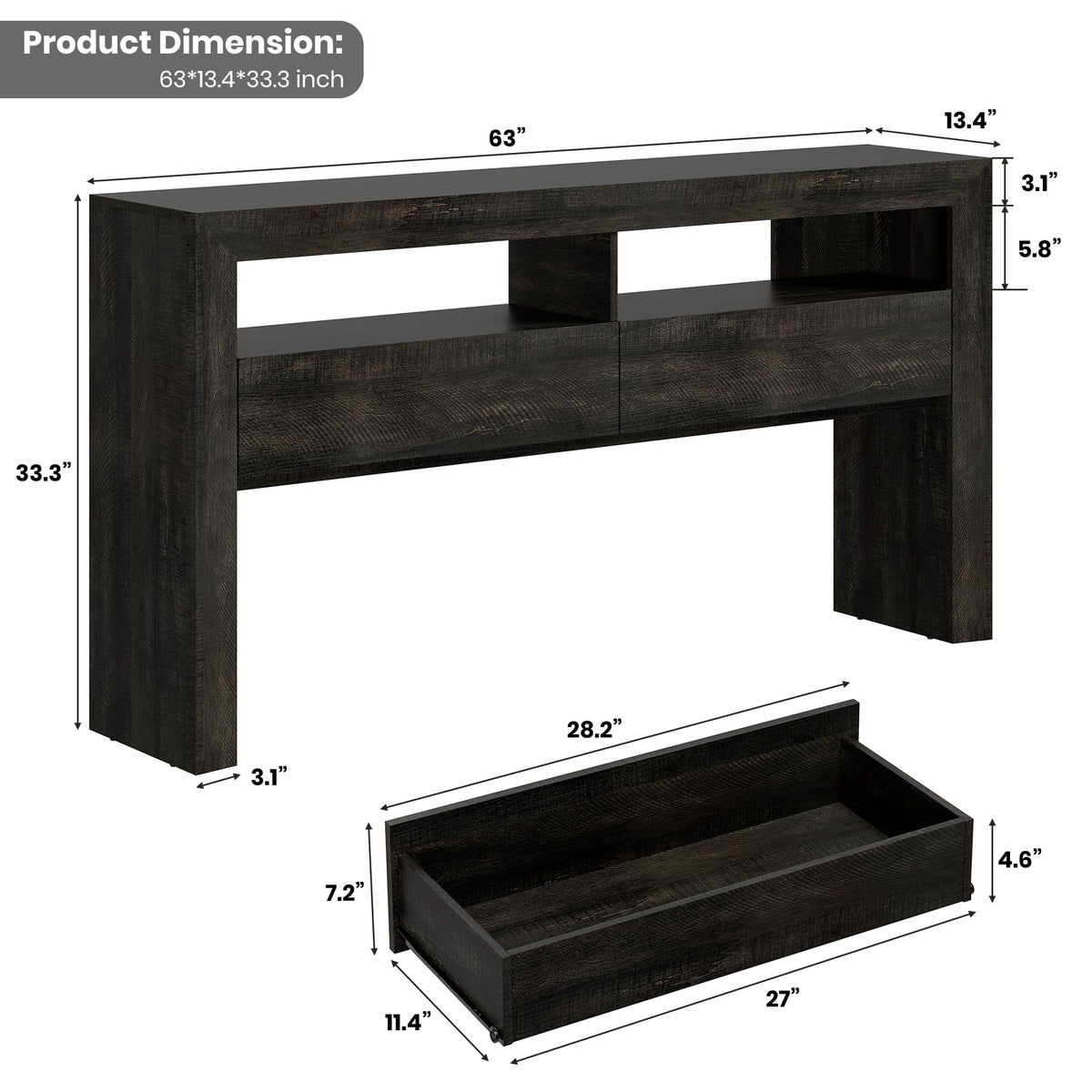 63" Dark Oak Console Table with 2 Drawers Y87271