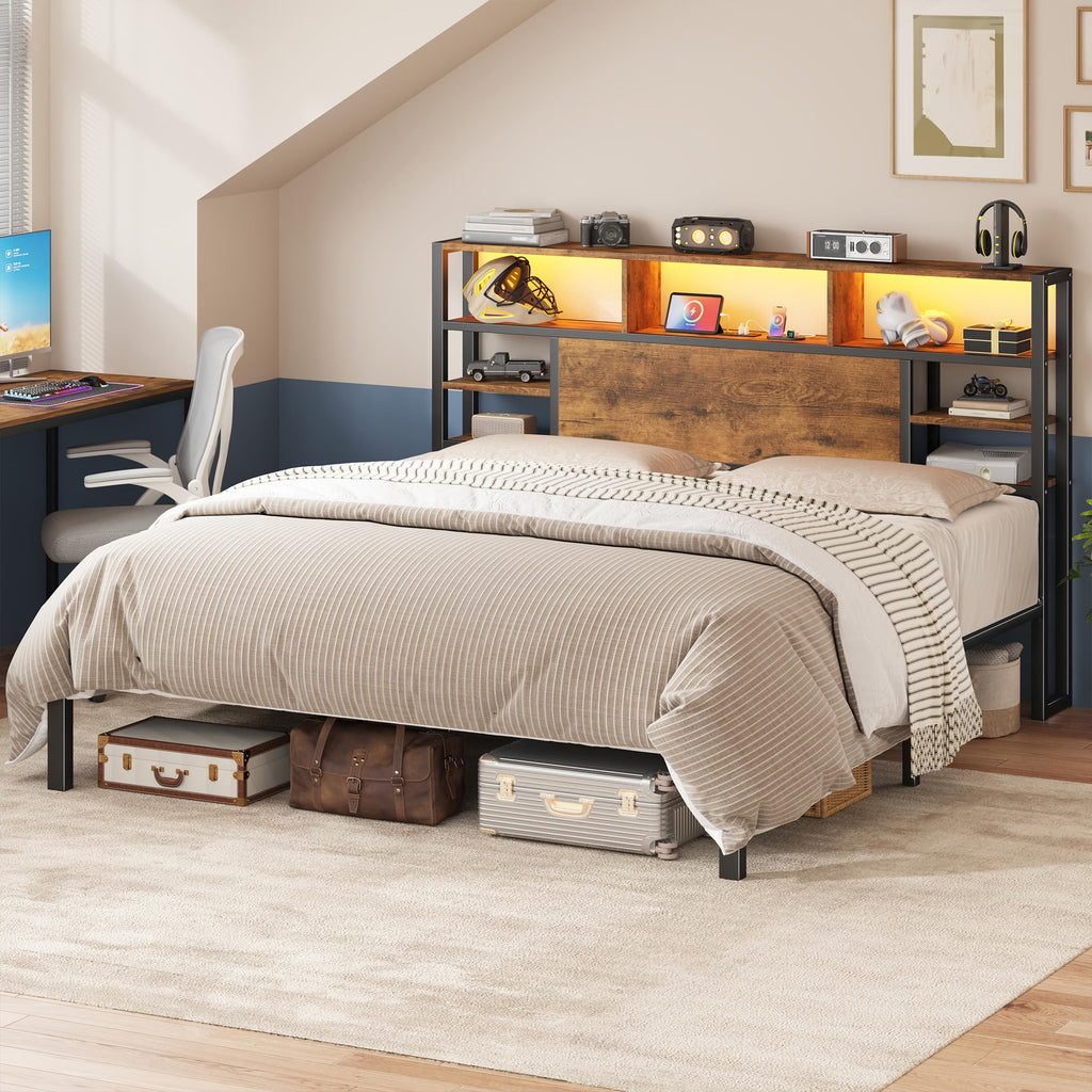 King Bed Frame with Storage Headboard and Charging Station G795