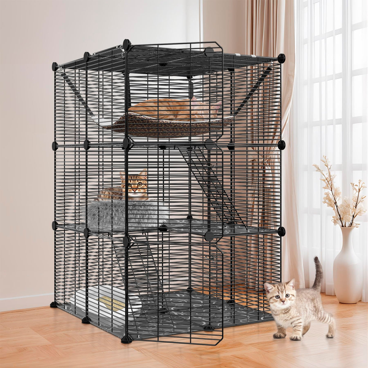 3-Tier Metal Wire Cat Cage with Hammock Y37869
