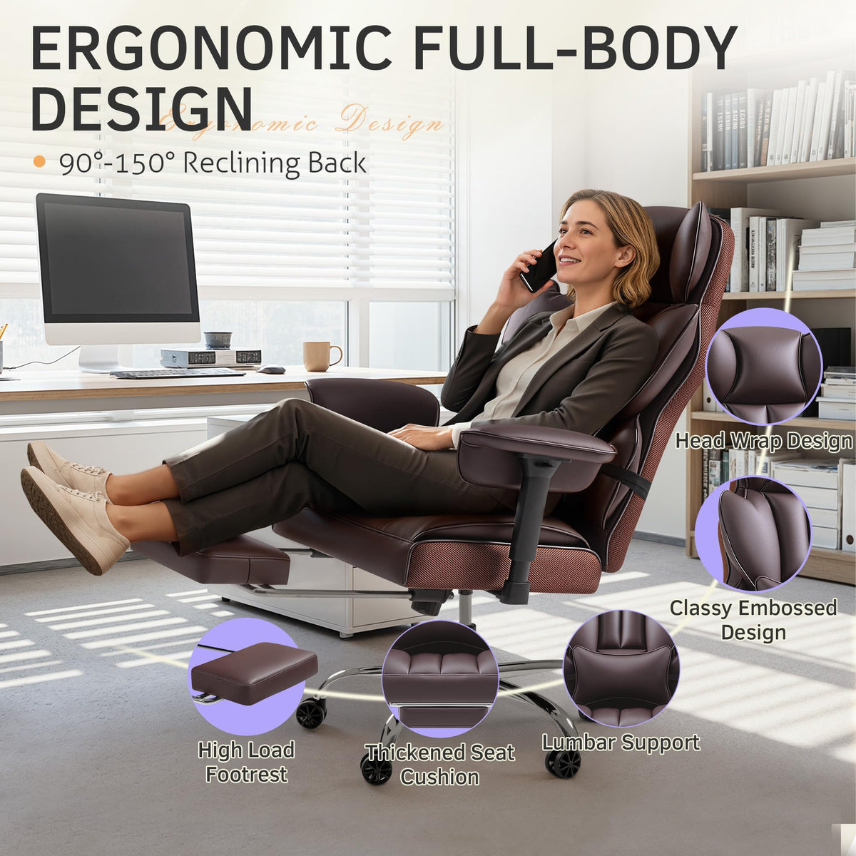 Big and Tall Brown Ergonomic Office Chair with Footrest U2940
