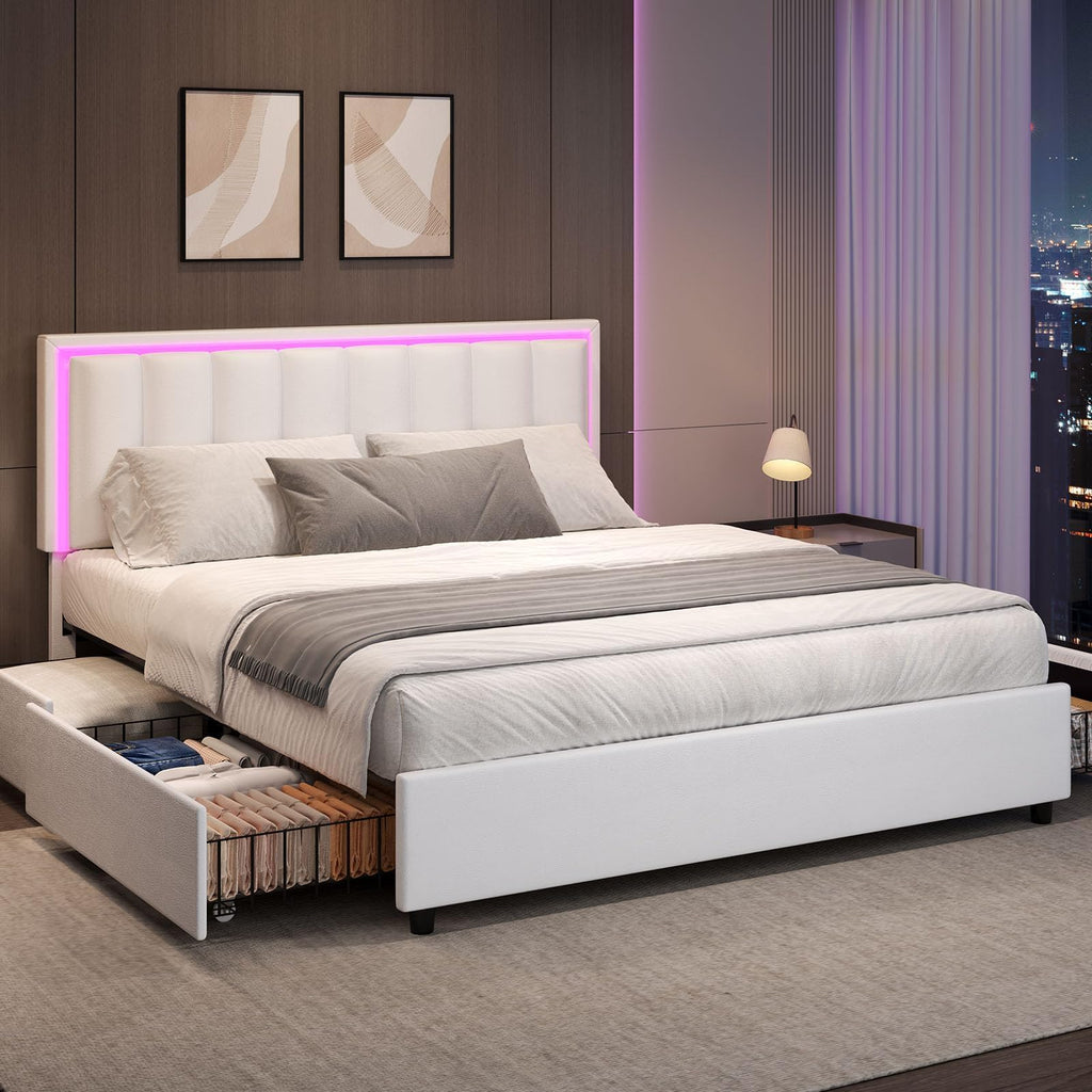 White Faux Leather Upholstered Platform Bed Frame with Headboard and 4 Storage Drawers C38666