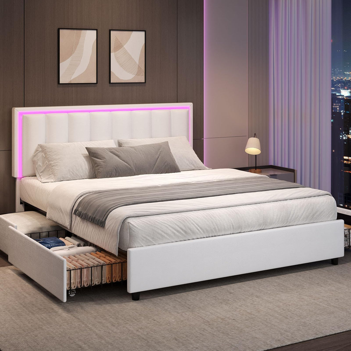 White Faux Leather Upholstered Platform Bed Frame with Headboard and 4 Storage Drawers C38666