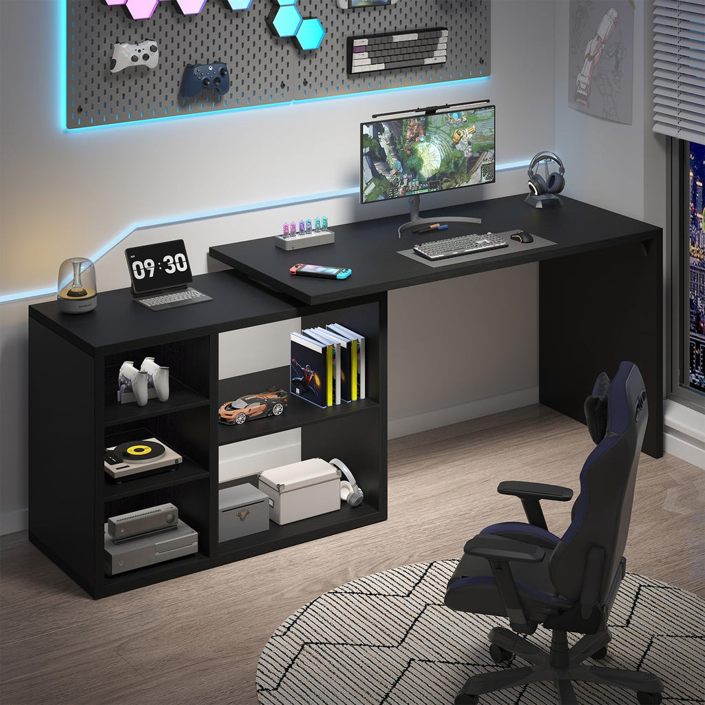 Black L Shaped Wood Computer Desk with Storage V6956
