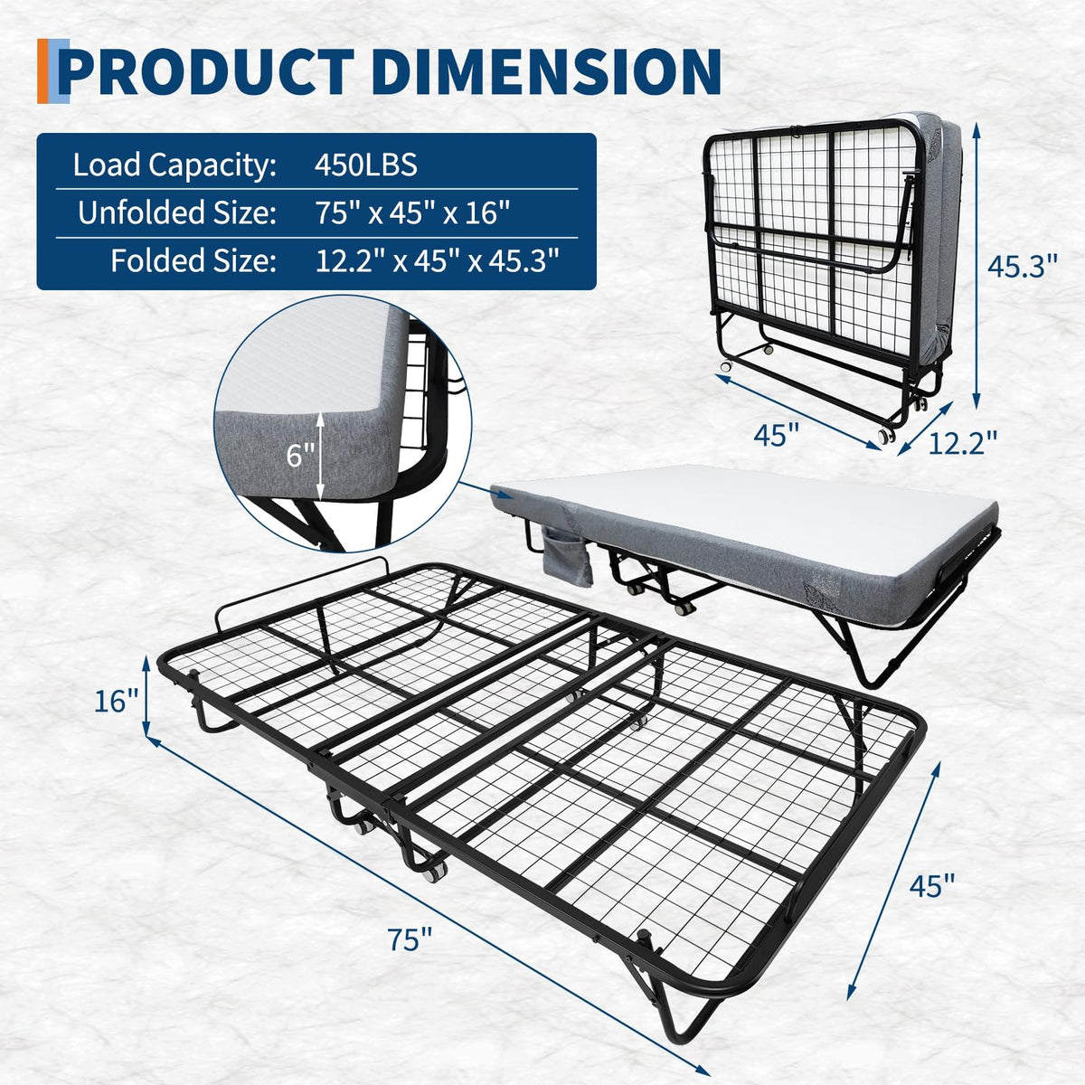 Folding Bed with 6 Inch Memory Foam Mattress R619