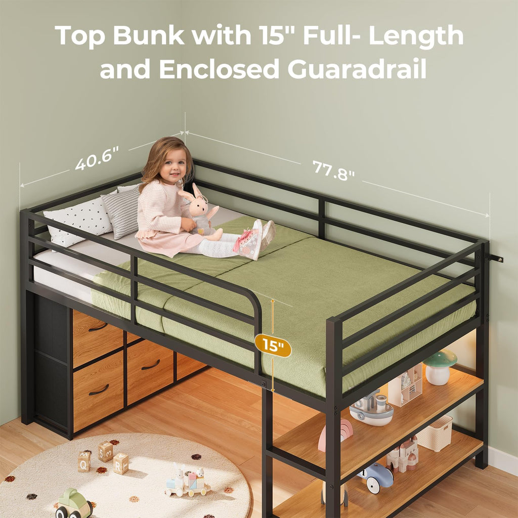 Twin Size Low Loft Bed with 6 Storage Drawers P1398