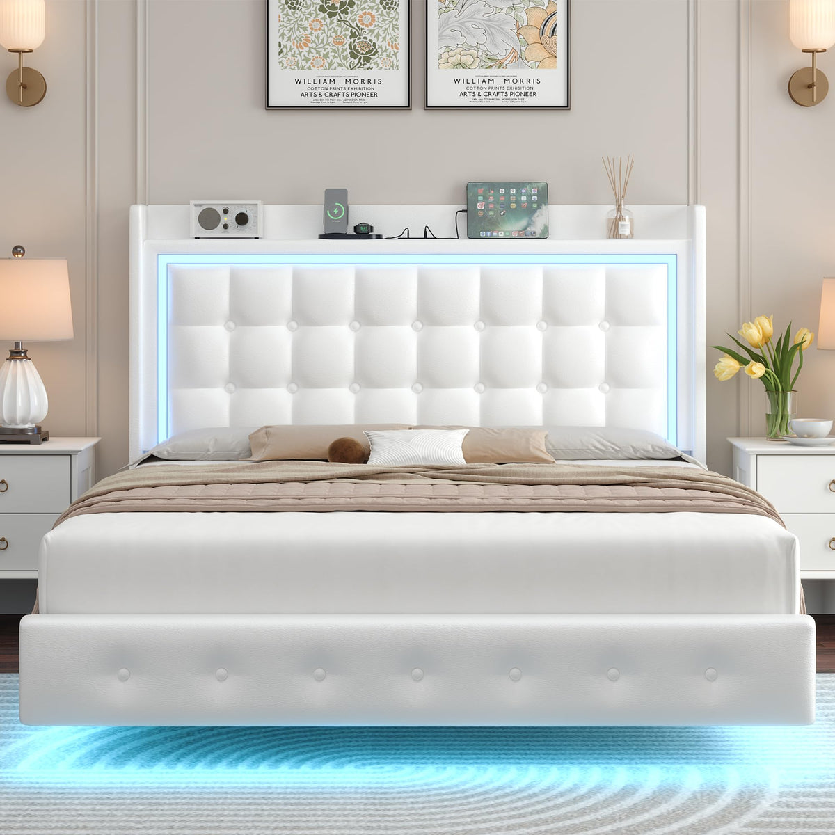 Queen Floating Bed Frame with Storage Headboard, LED Lights & Charging Station J55367