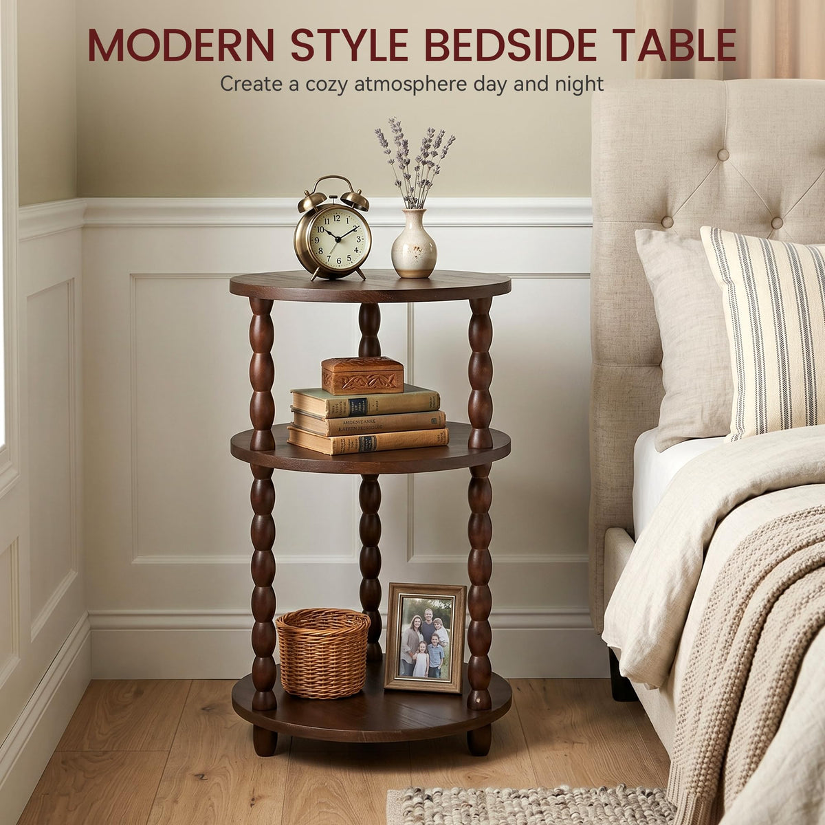 Small Round 3-Tier Solid Wood Side Table with Storage Shelf Q89150