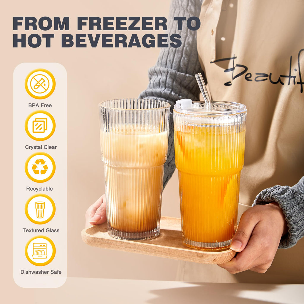 20oz Ribbed Glass Cups with Lids and Straws, Set of 4 H98867