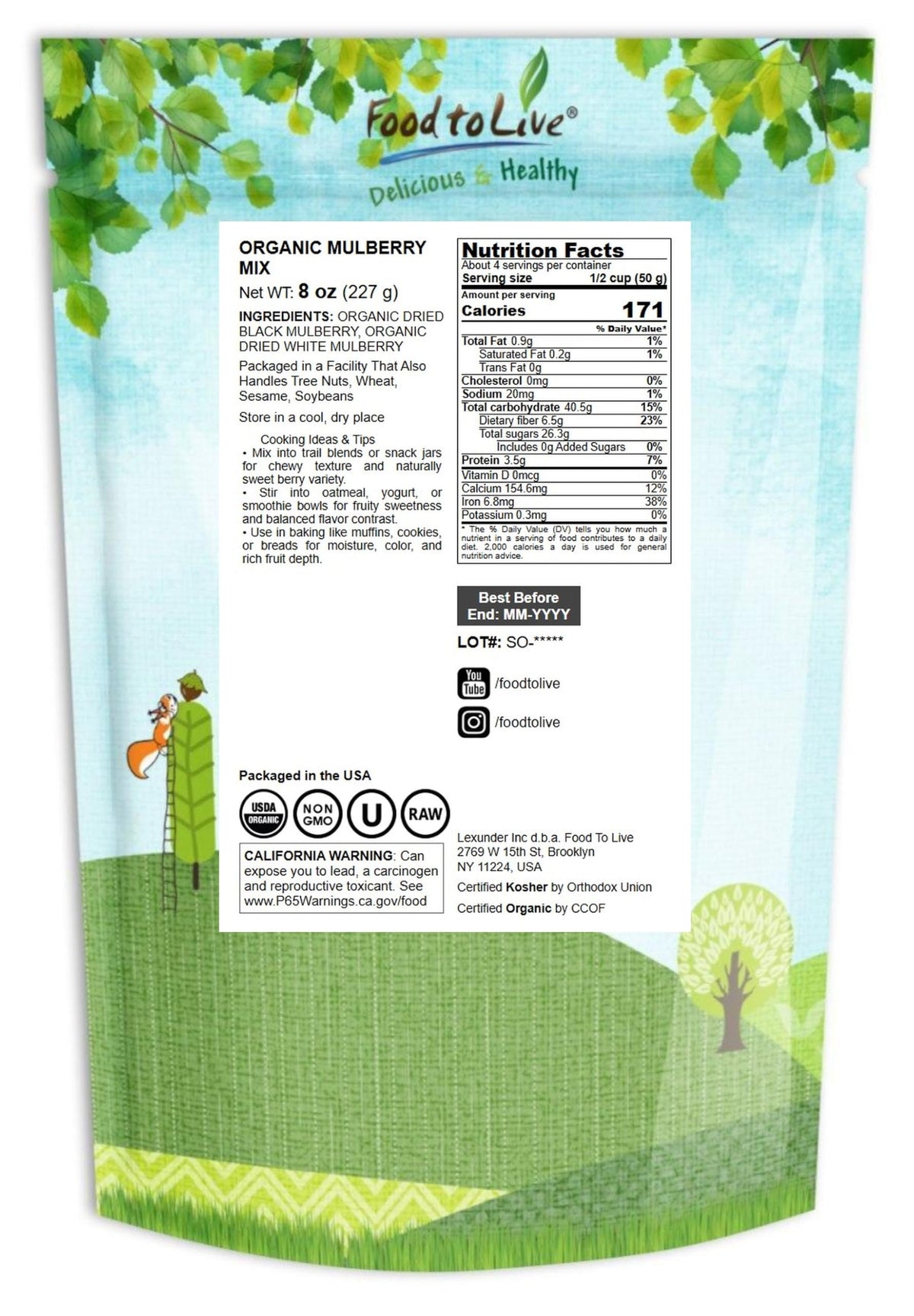 Organic Dried White and Black Mulberry Mix, 8 Ounces Q115