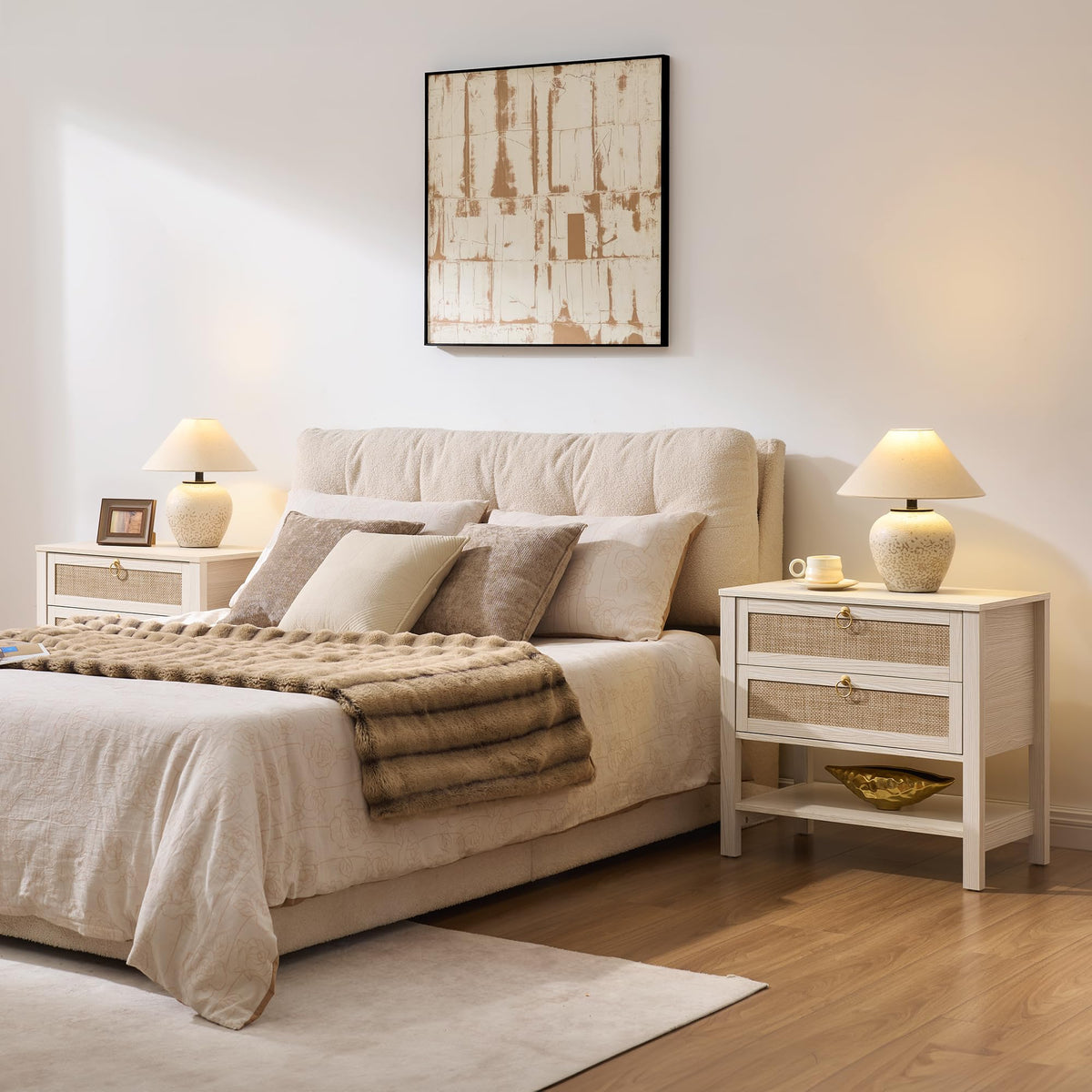 White Rattan Nightstand with 2 Drawers F67948