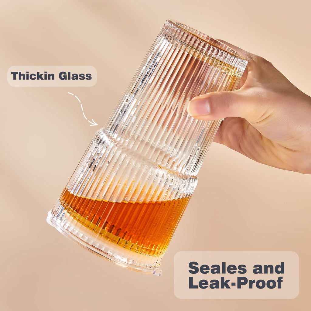 20oz Ribbed Glass Cups with Lids and Straws, Set of 4 H98867