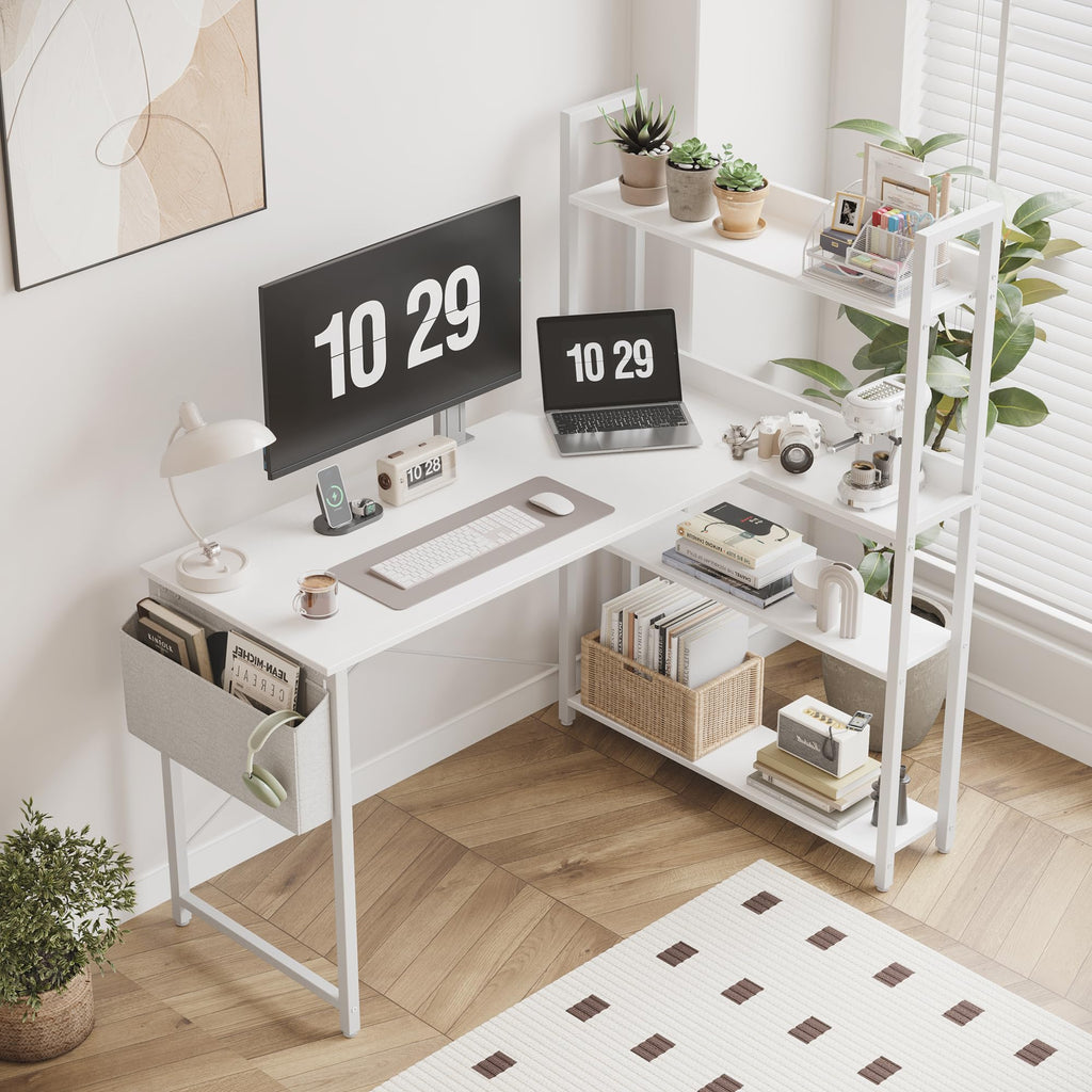 47 Inch White Computer Desk with Bookshelf A875979